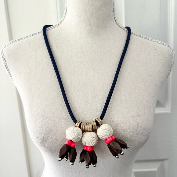 JCrew Nautical Long Cording Rope Ball Wooden Bead Statement Beach Boho Necklace - Picture 6 of 6